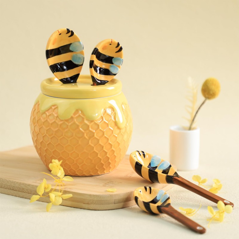 Sizikato 4pcs Porcelain Measuring Spoons with Base, Cute Ceramic Bee