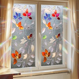 BlissYard Stained Glass Window Film Colorful Leaf Vine Window Privacy Film Glass Privacy Decals Living Room Sun Blocking Decor Removable Static Cling Stickers 17.71x39.97 inch