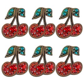 SUPERFINDINGS 6Pcs Cherry Embroidery Patches Cute Cherry Iron on Patches Cherries Fruit Applique Patch with Rhinestone and Plastic Beads Sew on Applique Badge