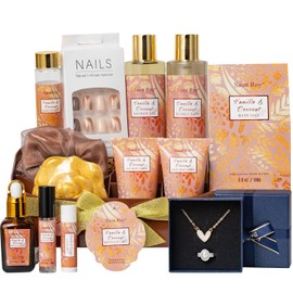 Regalos de lujo para mujeres, 16 piezas de regalos de spa para mujer con fragancias de coco y vainilla, kit de cuidado de la piel, kit facial con crema de día, crema de noche, set de cuidado de la