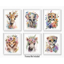 Brooke & Vine Baby Watercolor Safari Animals Nursery Decor Wall Art Prints (UNFRAMED 8x 10 Set of 6),Jungle Themed Gender Neutral Toddler, Classroom,Zebra Elephant Giraffe Tiger Leopard Lion