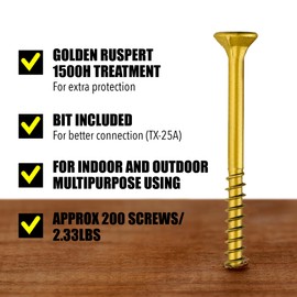 #10 x 2 1/2’’ Wood Screws by Grindy (200pack/2.33LBS) – Self-Drilling Deck Screws I Rust Resistant I Quick Drive & Fast Grip I for Cabinet, Furniture & Other Projects I T25 Star Drive I Bit Included