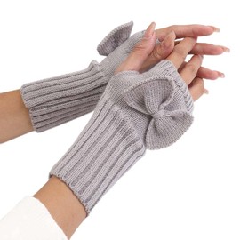 CABODYALS 2 Pairs Grey Knit Fingerless Gloves Bowknot Arm Warmers Sleeves Soft Crochet Thumb Holes Gloves Knitted Winter Hand Wrist Mitten Bulk for Women Driving Typing Writing Texting Painting Supply