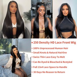 BELE 250% Density HD Lace Front Wigs Human Hair 28 inch 12A Straight 13X4 Lace Front Wigs Human Hair pre plucked Transparent Glueless Frontal Wigs for Women Natural Black (250 Density Straight Wigs)
