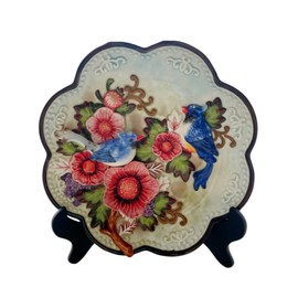 Minigift Ceramic Collections Plate,3D Hand Painted Magpies and Red Azaleas Decorative Tray with Display Stand -10"