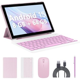 Tablet Android 15, 10 inch 2 in 1 Tablets with Keyboard Mouse Case Stylus, 8GB+64GB+1TB Expand, 1.8Ghz Quad-core Processor, 1280*800 IPS Touch Screen Computer, 5G WiFi, Long Battery Life Tableta Pink
