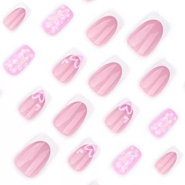 Square Press on Nails Medium Fake Nails White French Tip False Nails with Flower Heart Design Glue on Nails Pink Acrylic Nails Glossy Full Cover Stick on Nails for Women Manicure 24Pcs