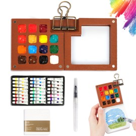 Mini Wooden Watercolor Pain Kit, Compact Travel Painting Set with 2 Mini Palettes, 24-Color Paints, 3 Watercolor Brushes & Pocket Sketchbook, Portable Art Supplies for Beginners & Artists