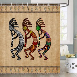 JAWO Kokopelli Shower Curtain, Southwest Shower Curtain Kokopelli Native American Shower Curtain, Ethnic Tribal Shower Curtain Music Agriculture Ancient Shower Curtain with Hooks, 72X78inch, Brown