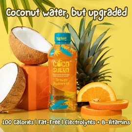 Coco Suero Electrolyte Coconut Water – 12-Pack | 100 Calories, Fat-Free, Packed with B3, B6, B12 for Energy & Hydration | No Artificial Flavors | Amino Acids | Sweetened with Dextrose | (20.2 Fl Oz, Orange Pineapple)