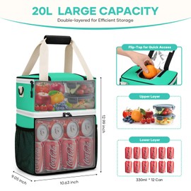 Maelstrom Lunch Box for Women, 20L Insulated Lunch Bag Men, Leakproof Double Deck Cooler Bag, Soft Lunch Cooler with Quick Access Flip-Top Lid for Work, Beach,Travel, Camping (Black-Aqua)