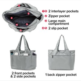 MAYMOONER Large Handbag for Women,Ladies Multi-pocket Nylon Tote Bag with Zipper for Work School Yoga,Grayish Green
