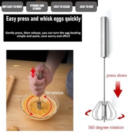 Semi-automatic Whisk 10in Stainless Steel Egg Whisk Hand Push Rotary Whisk Blender Semi Auto Egg Beater Hand Push Mixer Stirrer Egg Scrambler for Blending, Whisking, Frothing, Beating & Stirring