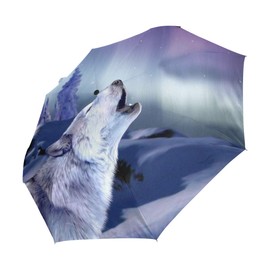 ALAZA Aurora Night Wolf Howling Travel Umbrella Auto Open Close Windproof Waterproof Folding Umbrella Compact Canopy Easy Carrying