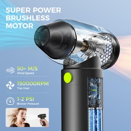 YOFIGO Electric Air Duster-150000RPM Super Power Compressed Air Duster, Mini Cordless Vacuum Cleaner, Rechargeable Brushless Motor 4-Speed Dust Blower, Air Fan for Computer, Keyboard, House and Car