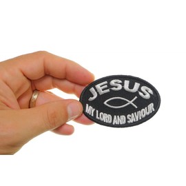 Patch, Embroidered Patch (Iron-On or Sew-On), Jesus My Lord and Saviour w/Fish Symbol, 3" x 2"