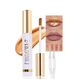 JUAAZIN 2025 New Gold Liquid Lip Gloss Peel Off Lip Stain Tattoo with Tweezer, Mauve Lips Stain Peel Off Masque, Long Lasting Waterproof Lip Tint Stain, Transfer-proof for All Skin Types 04#