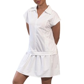 YIGAMA Women Tennis Dresses Summer Casual V-Neck Short Sleeves Athletic Dress with Pockets White
