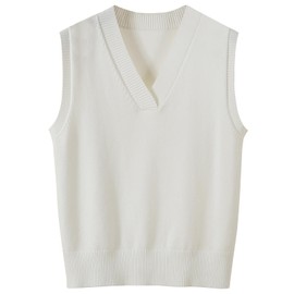 Wowcarbazole Women's V Neck Sweater Vest Sleeveless Ribbed Knit Pullover JK Uniform Classic Basic Tank Tops(White-L)