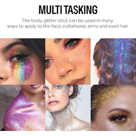 KYDA Body Glitter Stick, Chunky Glitter Gel para cara, cuerpo y cabello, brillante color de lentejuelas holográficas de sirena, resistente al agua para múltiples usos, gel de brillo de maquillaje