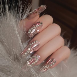 IMSOHOT Long Press on Nails Coffin Glitter Fake Nails Shiny Pink Rhinestone Full Cover False Nails Luxury Ballerina Artificial Acrylic Glue on Nails for Women 24Pcs