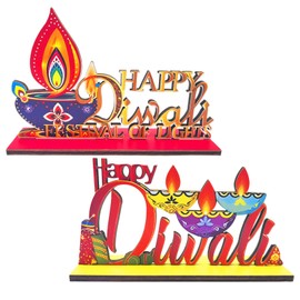 2Pcs Wooden Happy Diwali Decorations for House, Diwali Table Centerpieces Decor, Indian Theme Festival of Lights Party Decor, Deepawali Wooden Sign for Traditional Indian Hindu Festival of Lights Part