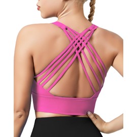 QUEENIEKE Sports Bras for Women Padded Medium Support for Yoga Cross Back Strappy Free to Be Bra (Hot Pink, L)