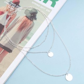 Inilbran Boho Sequin Necklace Silver Layered Coin Pendant Necklace Vintage Long Necklaces Chain Coin Disc Necklace Chain Jewellery for Women and Girls