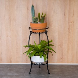 FaithLand FaithLand 2 Pack Metal Plant Stands, Tall Planter Holder Indoor Outdoor, 2 Tier Round Potted Supports Rack, Corner Display Shelf Black