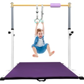 JOYSFIT Adjustable Gymnastics Bar for Kids with Mat - Sturdy Kip Bar with Rings, Horizontal Bar for Home Training, 3'-5' Height, Ages 3-15, 250 LBS Capacity, Easy Assembly.