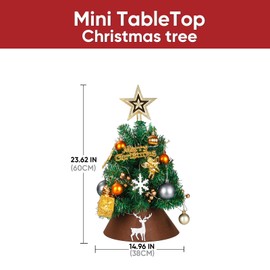 COLORSOUL Small Prelit Tabletop Christmas Tree with 30 LED String Lights, 2 Ft Mini Artificial Christmas Tree with Hanging Ornaments for Holiday Indoor DIY Christmas Decor