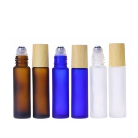 10 Pcs Frosted Glass Essential Oils Roll on Bottles,10ml Refillable Massage Roller Bottles Perfume Bottles with Stainless Steel Ball Wood Grain Cap Empty Travel Roller Essential Oils Vials(Blue)