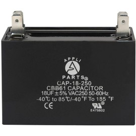 Appli Parts Fan Capacitor 18 mfd (microfarads) uf 250 VAC with 4 Terminal Connections compatible with any brand within the same range of capacitance 2-1/4in Width 7/8in Depth 1-7/8in Height CAP-18-250