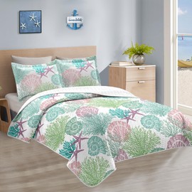 Tritard 3 Piece Coastal Quilt Sets King Size - Reversible Microfiber Quilts with 2 Shams Soft Lightweight Beach Bedding Nautical Bedspread Coverlet Summer Comforter Set for All Season, 106''x96'', C5