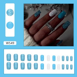 Blue Press on Nails Short Square Fake Nails Glitter False Nails Press ons with Designs Blue Glitter Artificial Acrylic Nails Glossy Full Cover Glue on Nails Stick on Nails for Women Manicure 24Pcs