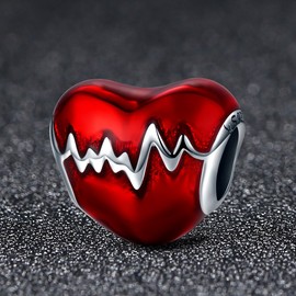 BISAER Red Heart Charms for Bracelets 925 Sterling Silver Love Heart Shape Heartbeat Beads Charm
