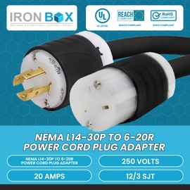 IronBox Electric NEMA L14-30P to 6-20R Power Cord Plug Adapter - 20A, 250V, 12/3 SJT - UL Listed Extension Cable - Heavy Duty Plug and Connector for Generator, Camper, Data Center & More (6ft, Build)
