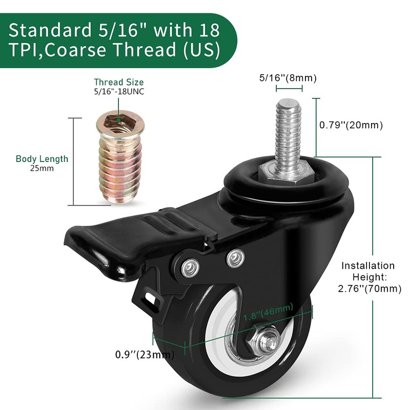 2" Stem Casters with Brakes and Nut Inserts, Set of