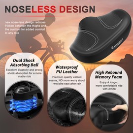 BLUEWIND New Noseless Oversized Bike Seat, Wide Bicycle Saddle Novel Backrest Design for Electric Bike, Fits Most Exercise Bike or Road Stationary Bike Seat Cushion for Men & Women (Black)
