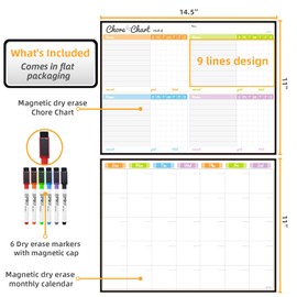 JJRRO Magnetic Dry Erase Chore Chart and Monthly Calendar for Fridge - Reusable Magnetic Chore Chart for Multiple Kids,Monthly Calendar for Refrigerator