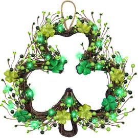 St Patricks Day Decorations, Shamrocks Wreath for Front Door, 20 Green Lights Timer Battery Operated 18 Inch 10 Shamrocks 162 Berries Battery Operated Spring Artificial Wreath St. Patrick's Day Decor