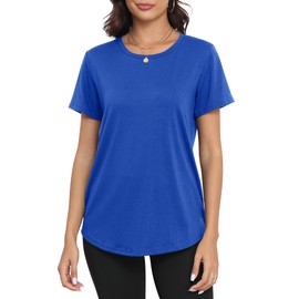 PRIMODA Womens Loose Fit Shirts Casual Short Sleeve Summer Flowy Tunic Tops Plain Long T Shirts (Royal Blue L)