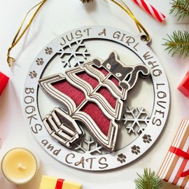 A Girl Loves Books and Cats Ornament – Cute Wooden Christmas Ornament for Cat Lovers, Readers, and Book Enthusiasts – Perfect or Keepsake