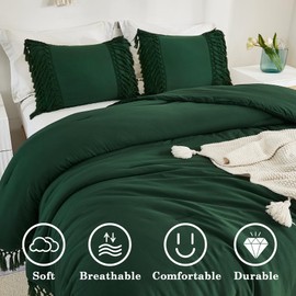 Andency Full Size Comforter Set Emerald Green, Dark Green Boho Tassel Lightweight Vintage Soft Bedding Comforter Sets, 3 Pieces All Season Fluffy Fringe Bed Set (79x90In Comforter & 2 Pillowcases)