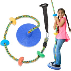 Tree Swing for Kids - Single Disc Seat and Rainbow Climbing Rope Set w/Carabiner and 4 Foot Strap - Treehouse and Outdoor Playground Accessories - Blue