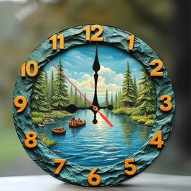 Lake Scene Canoe Wall Clock Rustic Decor 10-Inch Wooden Wall Clock, Silent Movement, Battery Operated (AA Batteries Not Included), Artistic Home Decor, Perfect for Home Accents