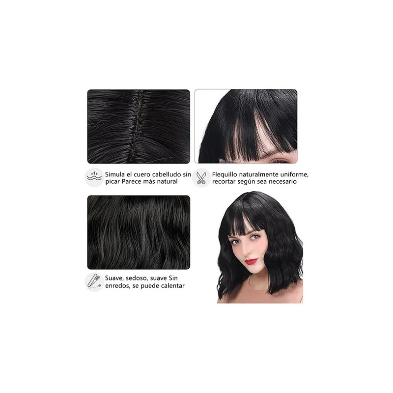 Pelucas Para Mujer Ondulada Corto Pelo Negra Cabello Natural