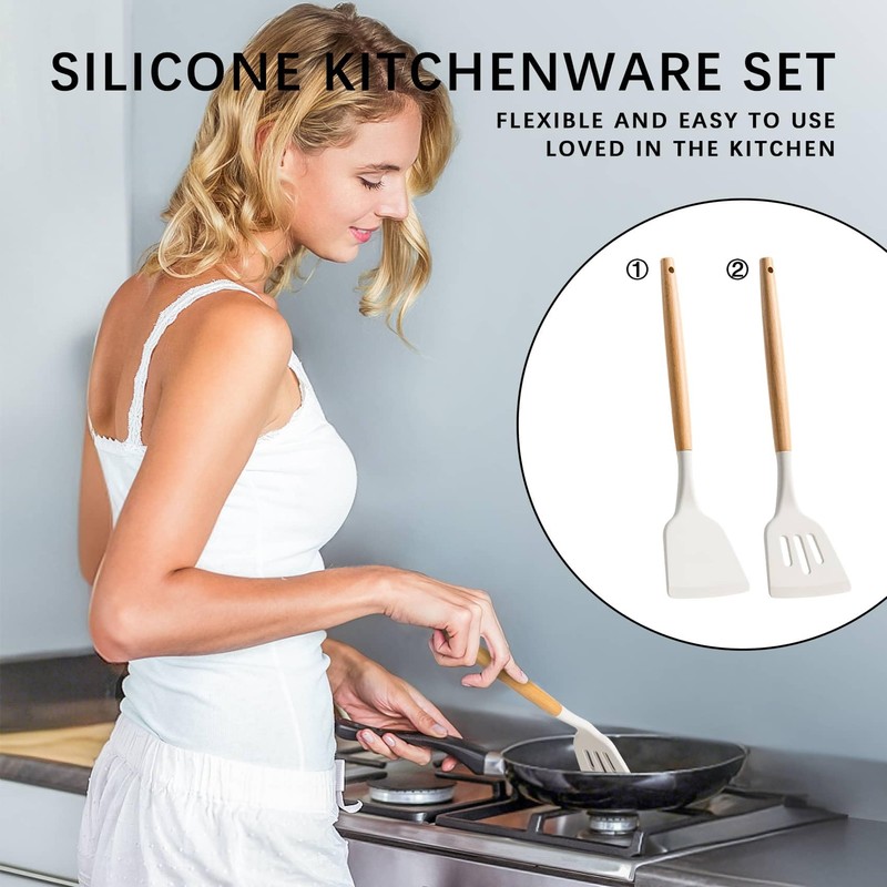 Hefild Silicone Cooking Utensils with Wooden Handles, 4-Piece Set and