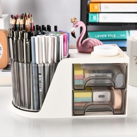 GGIANTGO Rotating Desk Organizer with 2 Drawer, Pencil Pen Holder for Desk, Desk Organizers and Accessories with 4 Compartments + Drawer for Office Home Art Supplies (White)