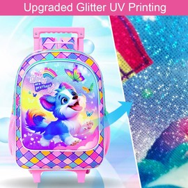 KLFVB Girls Bookbag with Wheels, 3PCS Kids Roller Backpack with Lunch Bag, Wheeled School Bag for Children - Dog